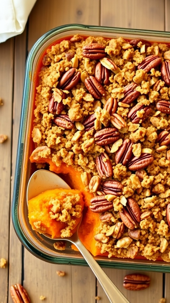 A golden brown pecan-topped sweet potato casserole in an 8x8 dish, ready to be served.